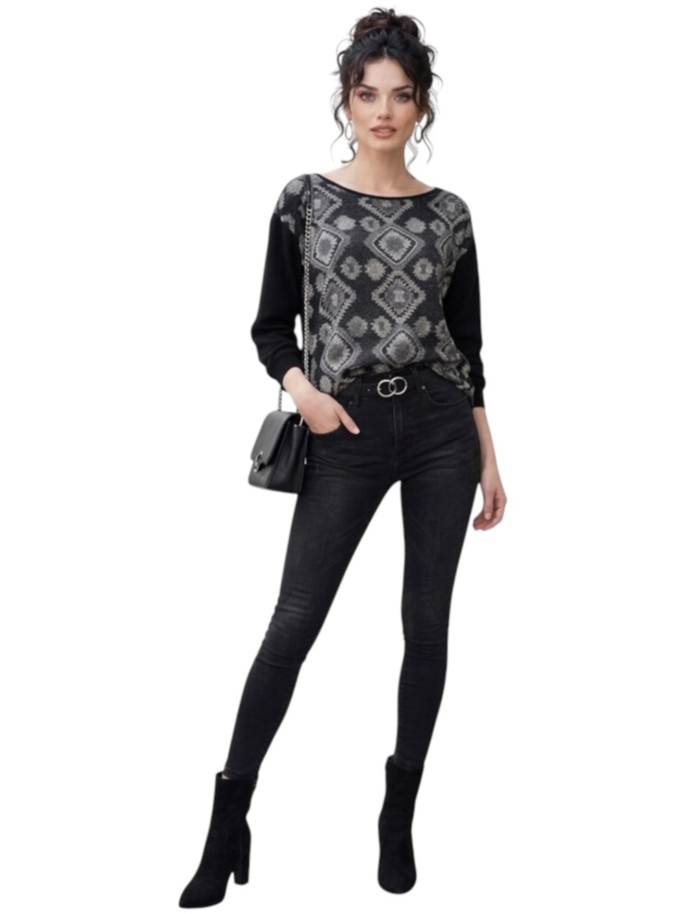 PROMOD Geometric Diamond Jacquard Knit Sweater Top Dark Grunge Boho Chic Retro